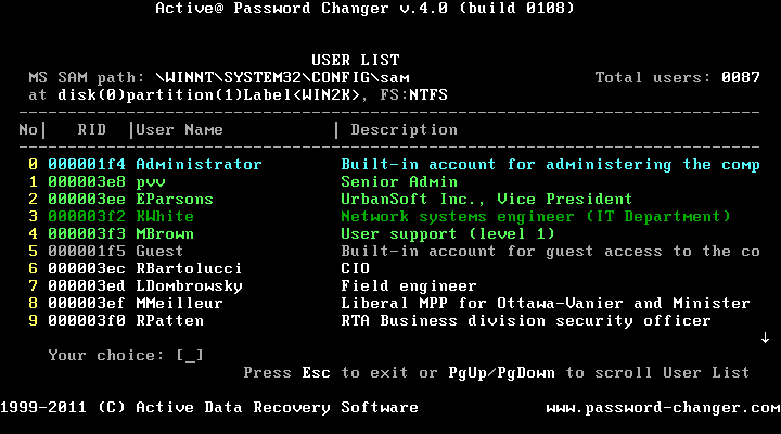 Password recovery software screenshot for DOS version