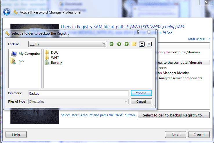 Select Registry SAM file Backup folder