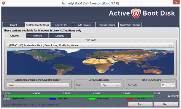 Time Zone, Additional Language Support, Default Application Start and Auto-start Delay